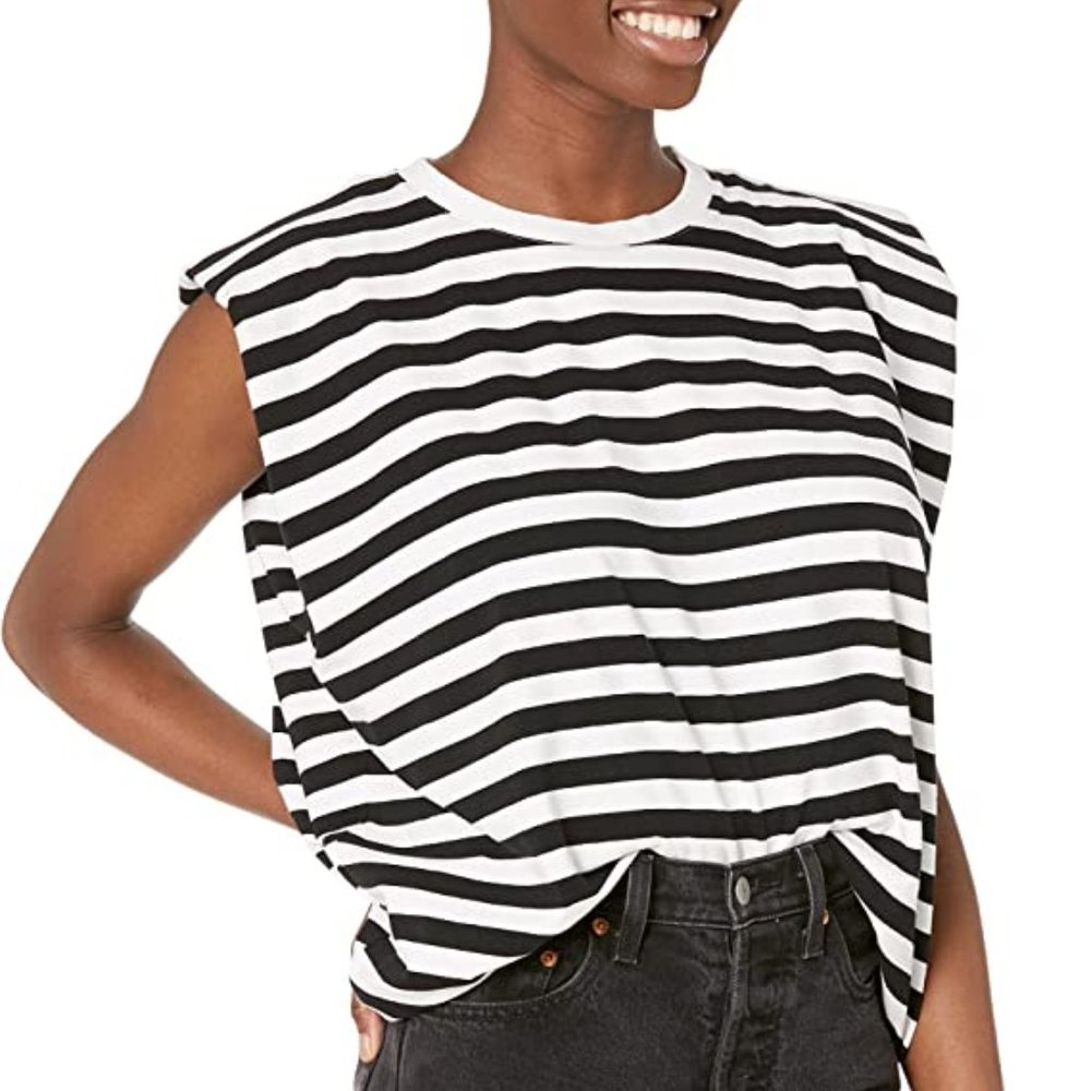 French Connection Black and White Striped Jersey Tank with Shoulder Pads Size XS